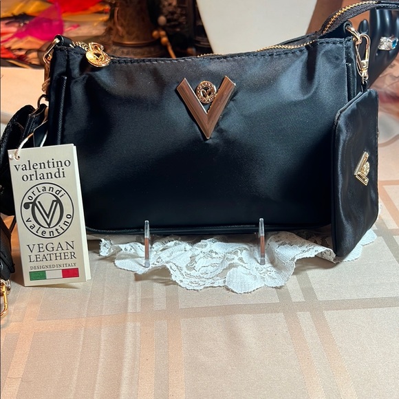 Valentino Orlandi Black Vegan Leather Trim Nylon Bag Women